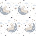 Seamless pattern with ÃÂute bunny sleeping on the moon. Vector Illustration Royalty Free Stock Photo